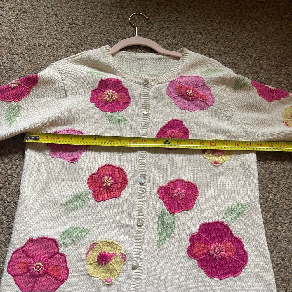 Vintage Floral Knit Cardigan Cream Pink Flowers Cottagecore Women’s L - Picture 9 of 10